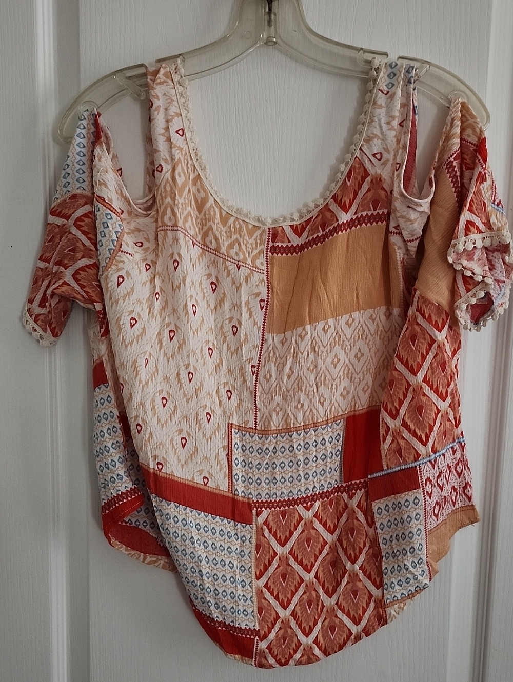 Patchwork Cold-Shoulder Blouse in Peach, Rust & Cream